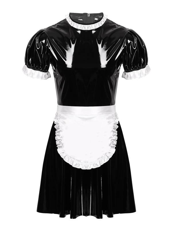 Men Round Neck Short Sleeve Patent Leather Maid Dress with Apron thumb