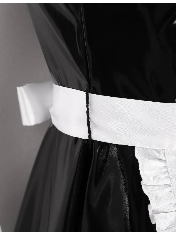 Men Round Neck Short Sleeve Patent Leather Maid Dress with Apron thumb