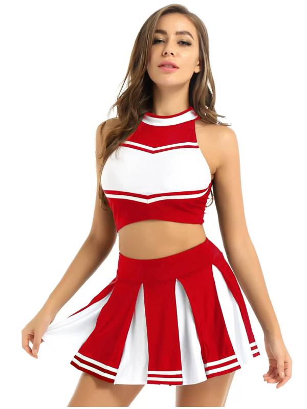 Women 2Pcs Cheerleading Costume Crop Top with Mini Pleated Skirt Set thumb