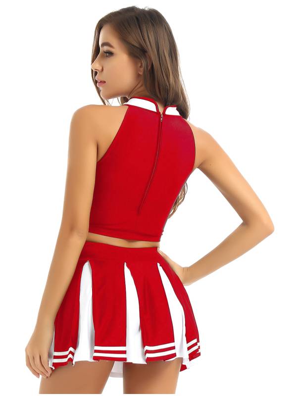 Women 2Pcs Cheerleading Costume Crop Top with Mini Pleated Skirt Set thumb