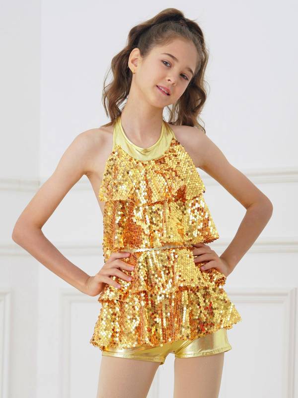 Kids Girls Backless Sequins Ballet Dance Unitard Jazz Costumes thumb