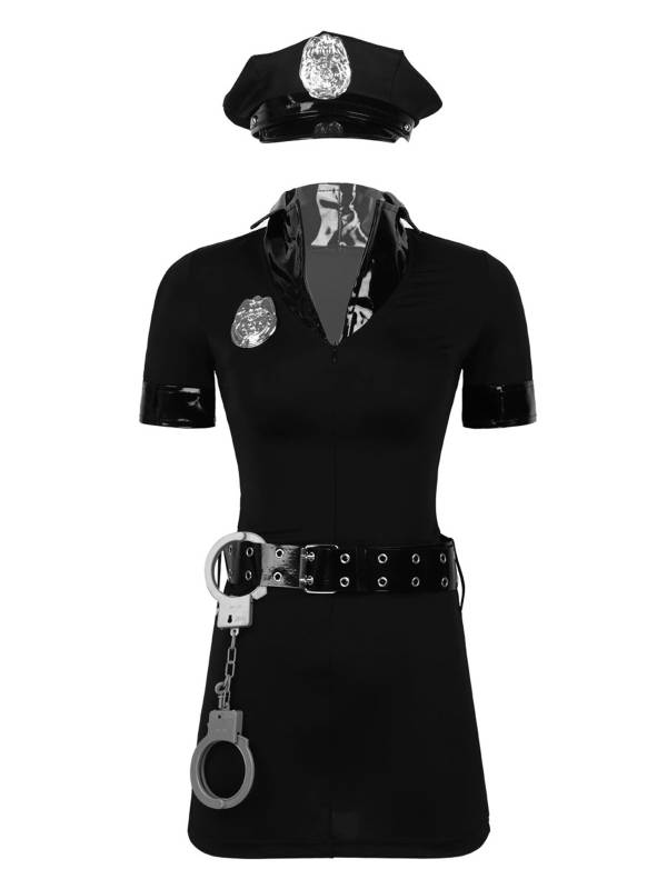 Women 5pcs V Neck Short Sleeves Bodycon Mini Dress Police Costume Set thumb