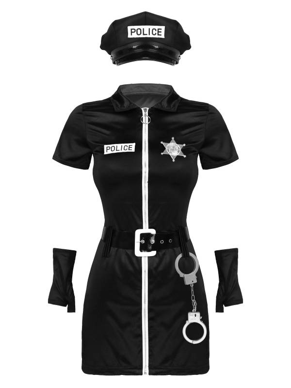 Women 6pcs Bodycon Mini Dress with Hat Badge Belt Gloves Police Costumes Set thumb