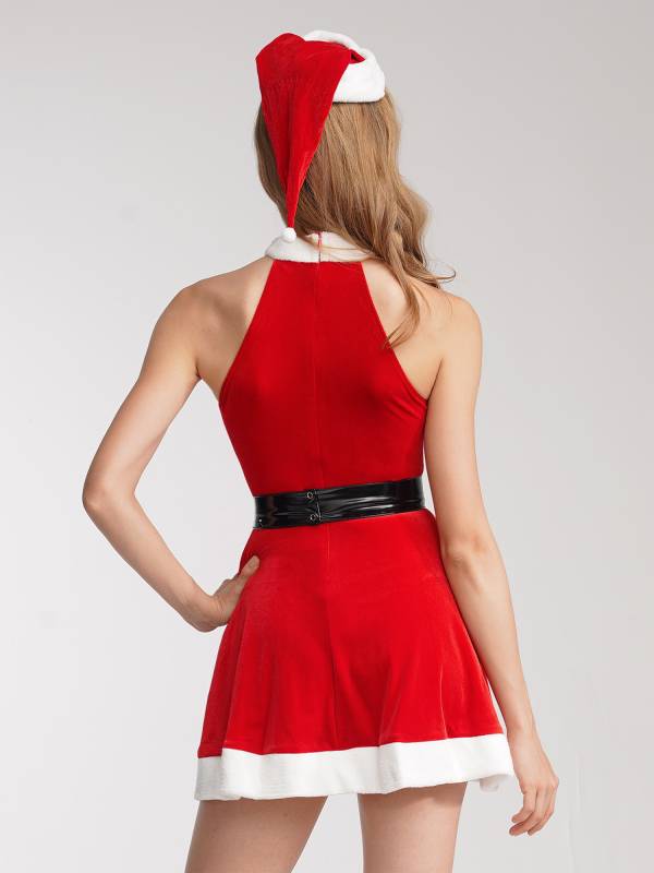 Women A-line Velvet Sleeveless Christmas Santa Dress with Hat and Belt thumb