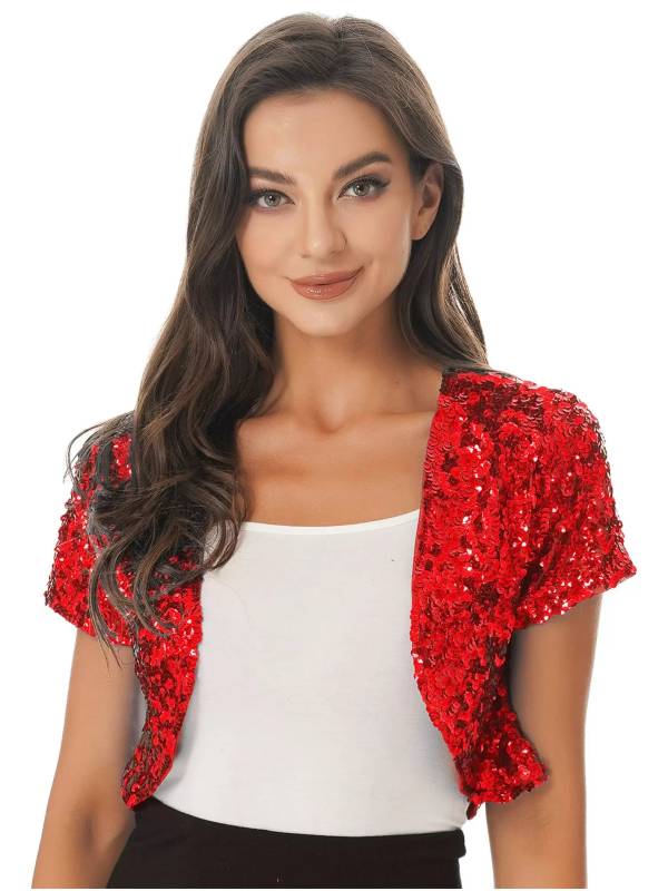 Women Sequin Cropped Jacket Shrug Glitter Waistcoat Cardigan thumb