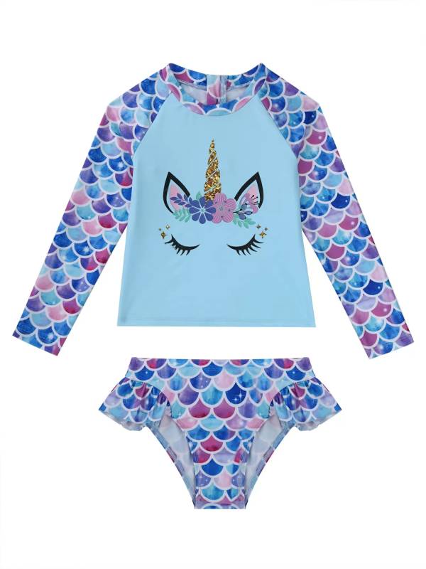 Kids Girls 2pcs Unicorn Print Rash Guard and Briefs Swimsuit Set thumb