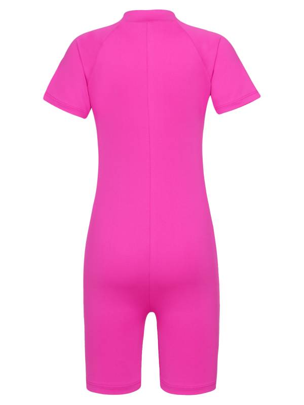 Kids Girls One-piece Rash Guard Short Sleeves Zippered Swimsuit thumb