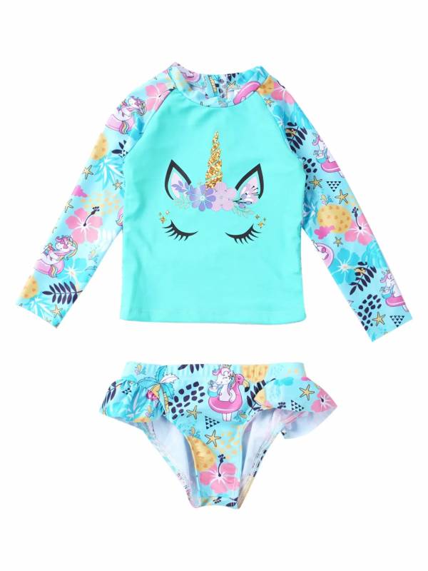 Kids Girls 2pcs Unicorn Print Rash Guard and Briefs Swimsuit Set thumb