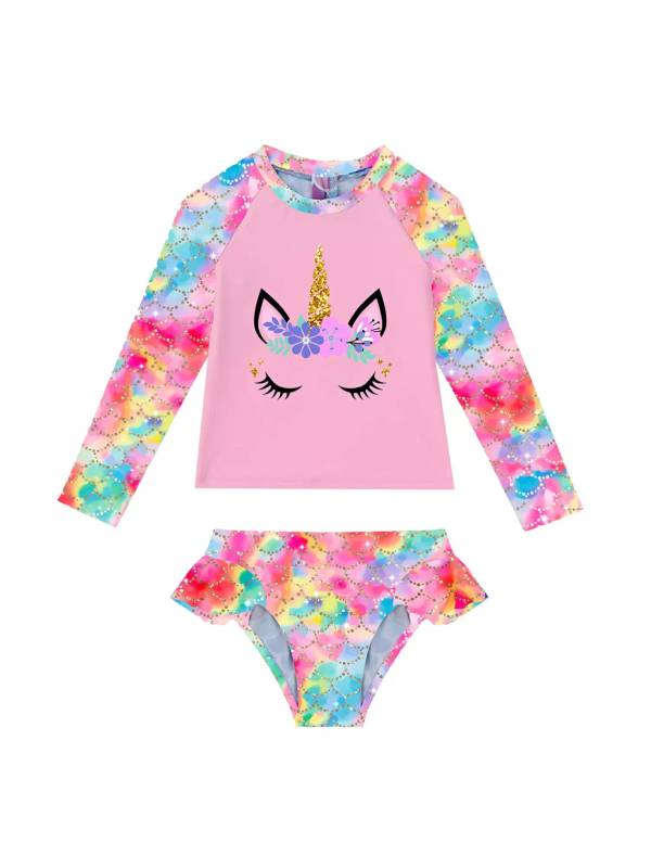 Kids Girls 2pcs Unicorn Print Rash Guard and Briefs Swimsuit Set thumb