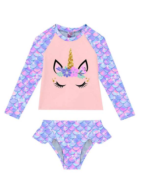 Kids Girls 2pcs Unicorn Print Rash Guard and Briefs Swimsuit Set thumb