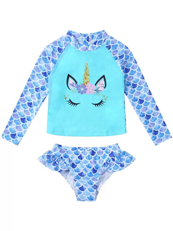 Kids Girls 2pcs Unicorn Print Rash Guard and Briefs Swimsuit Set thumb