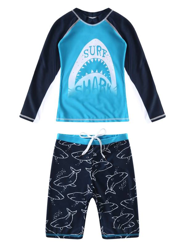 Kids Boys 2pcs Long Sleeves Cartoon Shark Print Swimming Set thumb