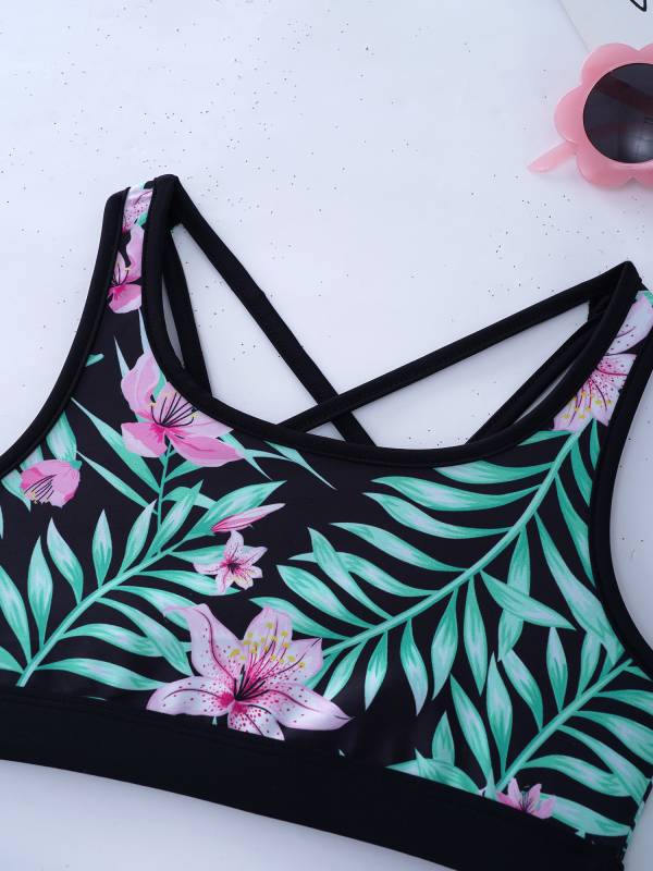 Kids Girls Tropical Flower Print Tankini and Boyshorts Swimsuit Set thumb