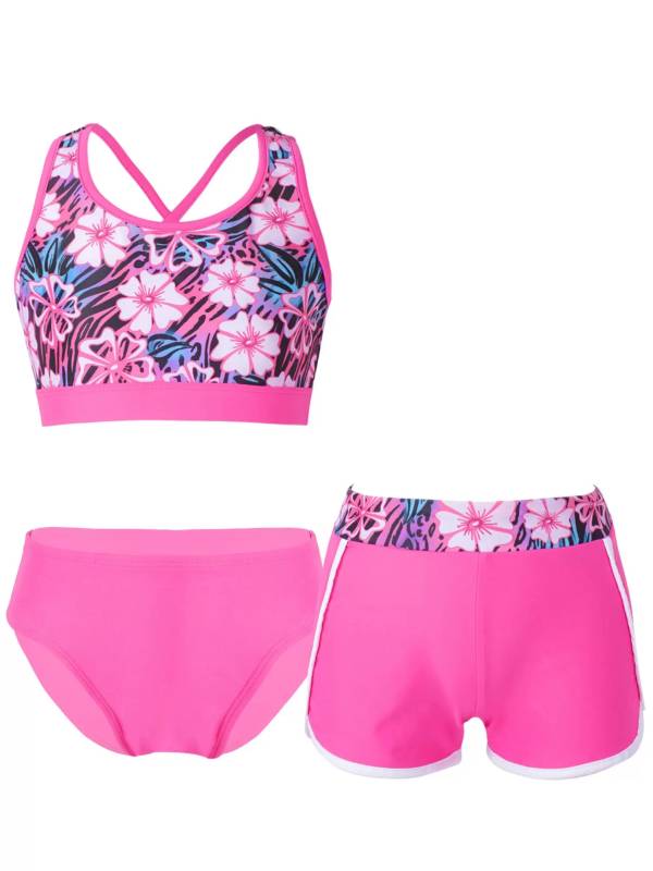 Kids Girls Tropical Flower Print Tankini and Boyshorts Swimsuit Set thumb