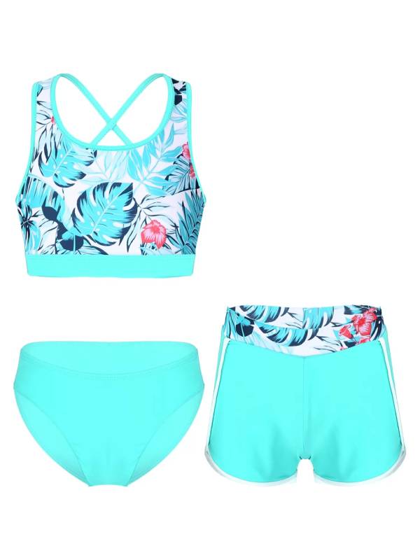 Kids Girls Tropical Flower Print Tankini and Boyshorts Swimsuit Set thumb