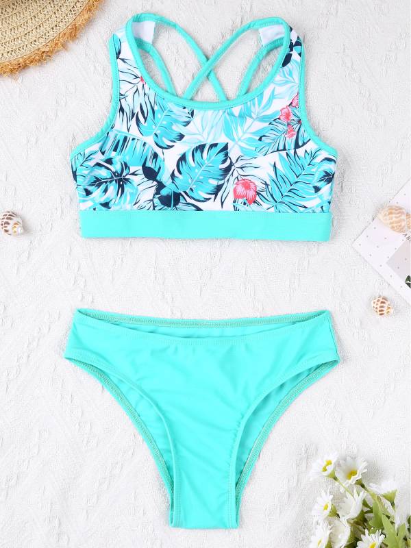 Kids Girls Tropical Flower Print Tankini and Boyshorts Swimsuit Set thumb