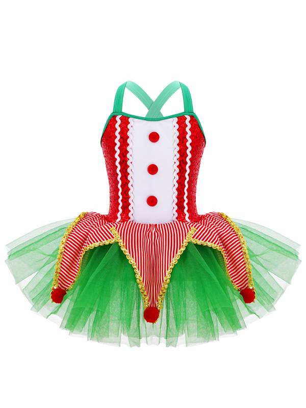 Kids Girls Christmas Sleeveless Crisscross Back Sequins Mesh Tutu Dress thumb