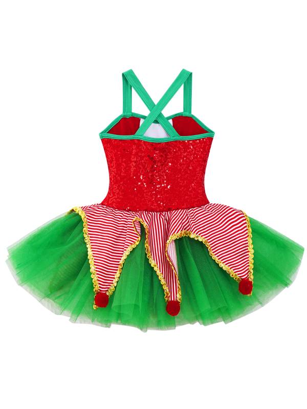 Kids Girls Christmas Sleeveless Crisscross Back Sequins Mesh Tutu Dress thumb