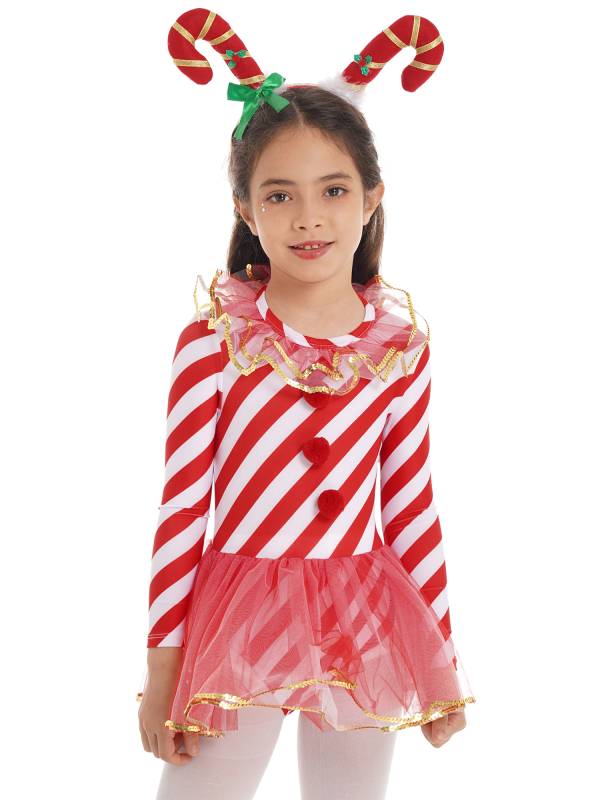 Kids Girls Christmas Elf Costume Long Sleeves Stripes Sequins Mesh Tutu Dress thumb