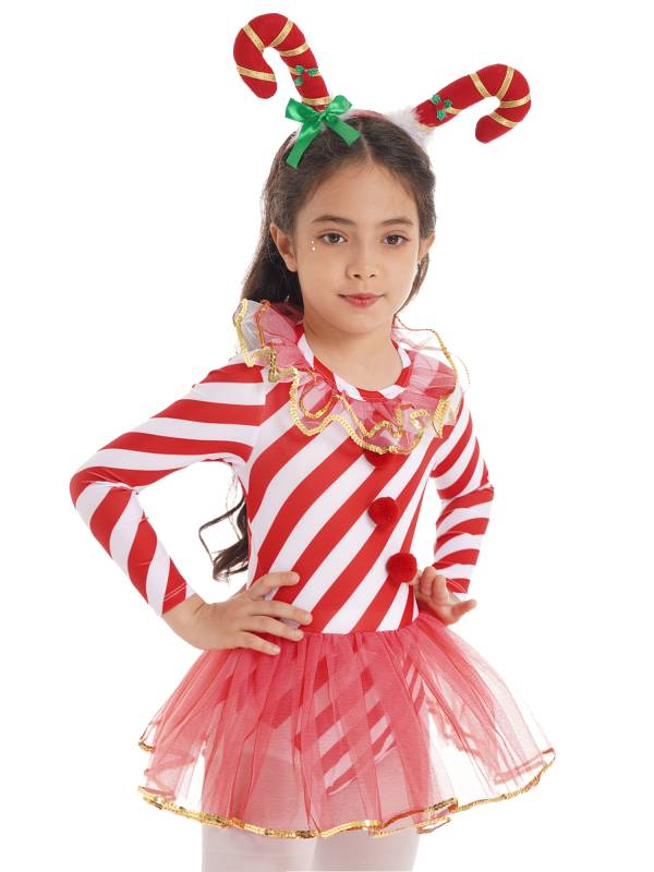 Kids Girls Christmas Elf Costume Long Sleeves Stripes Sequins Mesh Tutu Dress thumb