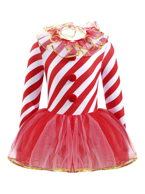 Kids Girls Christmas Elf Costume Long Sleeves Stripes Sequins Mesh Tutu Dress thumb