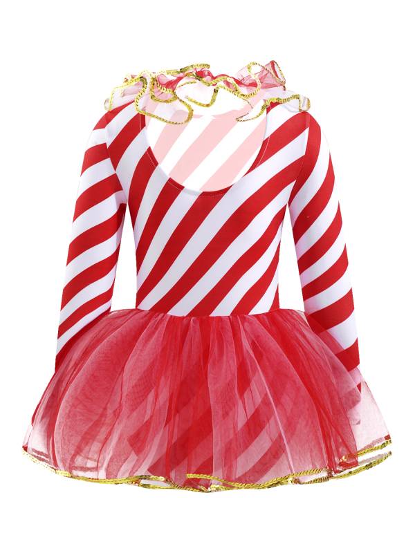 Kids Girls Christmas Elf Costume Long Sleeves Stripes Sequins Mesh Tutu Dress thumb