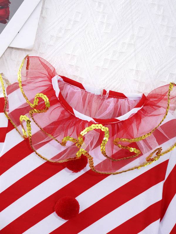 Kids Girls Christmas Elf Costume Long Sleeves Stripes Sequins Mesh Tutu Dress thumb