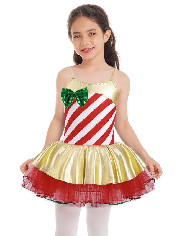 Kids Girls Christmas Stripes Print Sequins Bowknot Mesh Cami Tutu Dress thumb