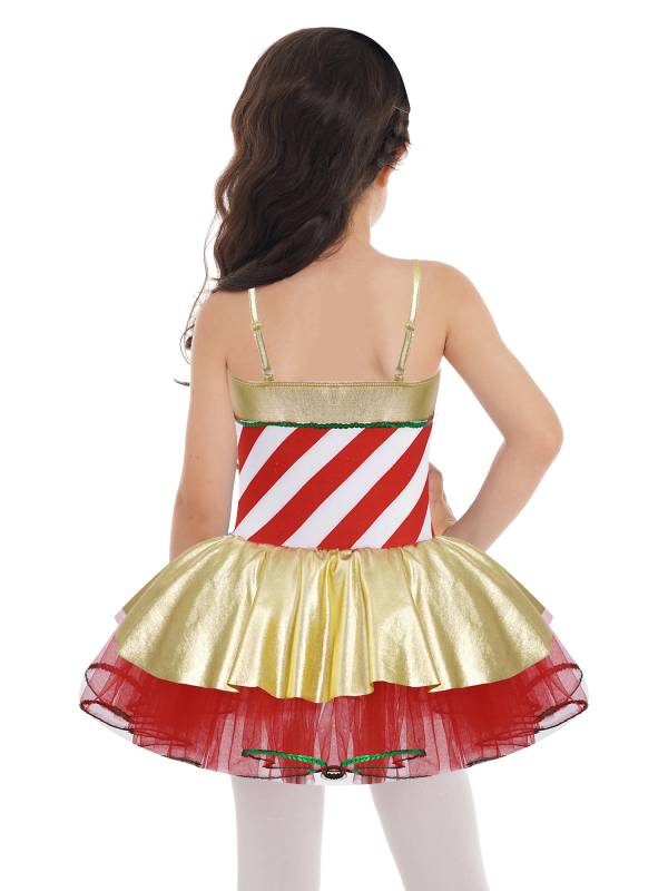 Kids Girls Christmas Stripes Print Sequins Bowknot Mesh Cami Tutu Dress thumb