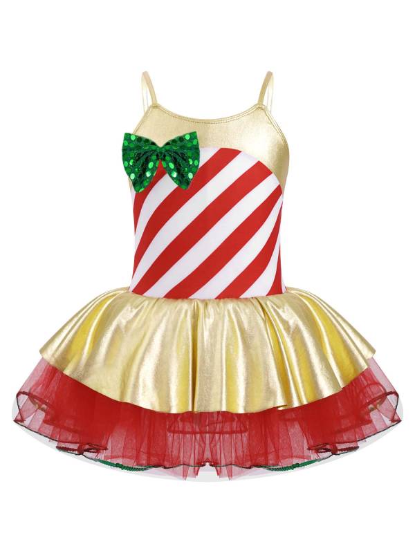 Kids Girls Christmas Stripes Print Sequins Bowknot Mesh Cami Tutu Dress thumb