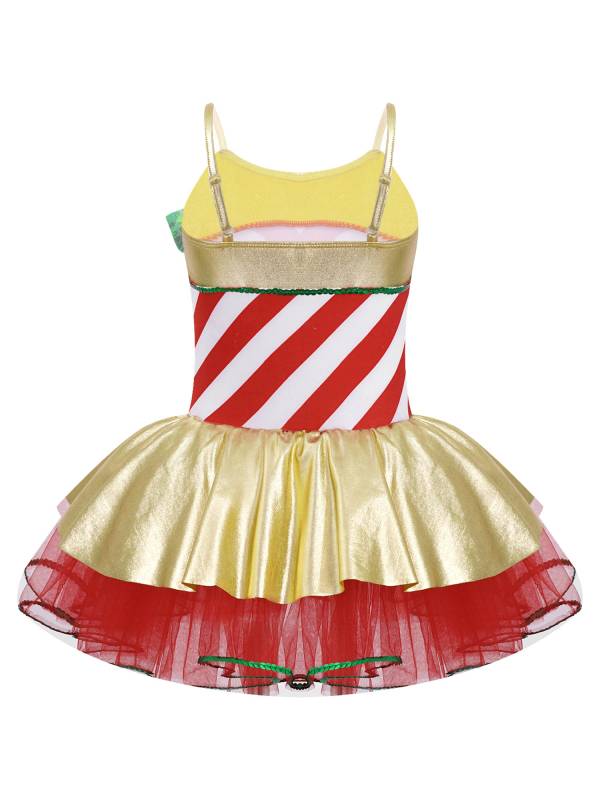 Kids Girls Christmas Stripes Print Sequins Bowknot Mesh Cami Tutu Dress thumb