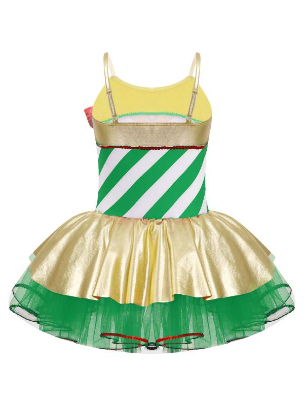 Kids Girls Christmas Stripes Print Sequins Bowknot Mesh Cami Tutu Dress thumb