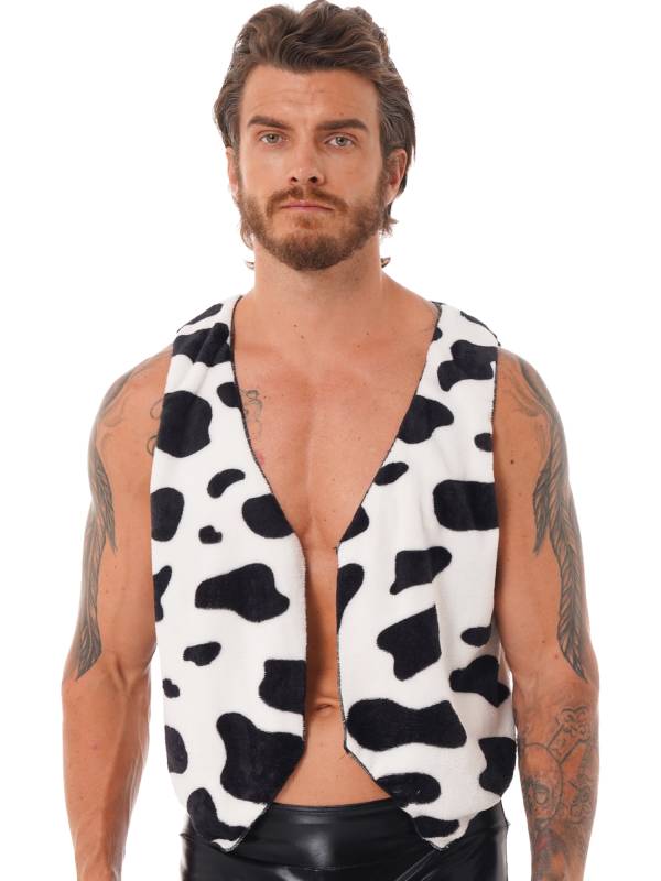 Men V Neck Sleeveless Open Front Cow Printed Flannel Waistcoat thumb