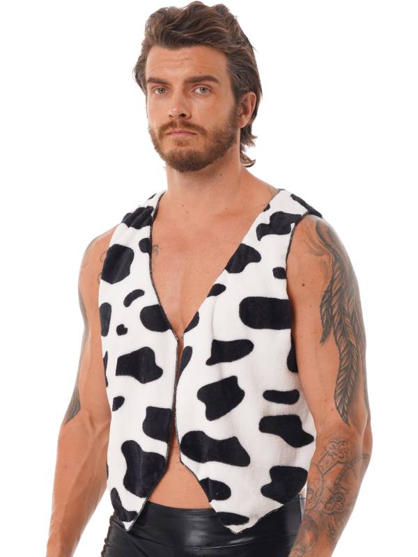 Men V Neck Sleeveless Open Front Cow Printed Flannel Waistcoat thumb