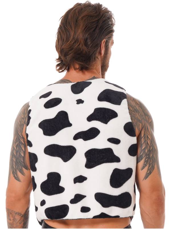 Men V Neck Sleeveless Open Front Cow Printed Flannel Waistcoat thumb