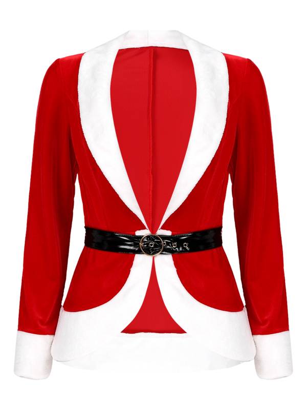 Women Christmas Santa Costume V Neck Long Sleeves Colorblock Coat with Belt thumb