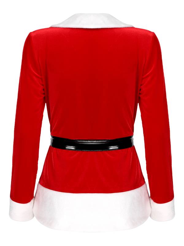 Women Christmas Santa Costume V Neck Long Sleeves Colorblock Coat with Belt thumb