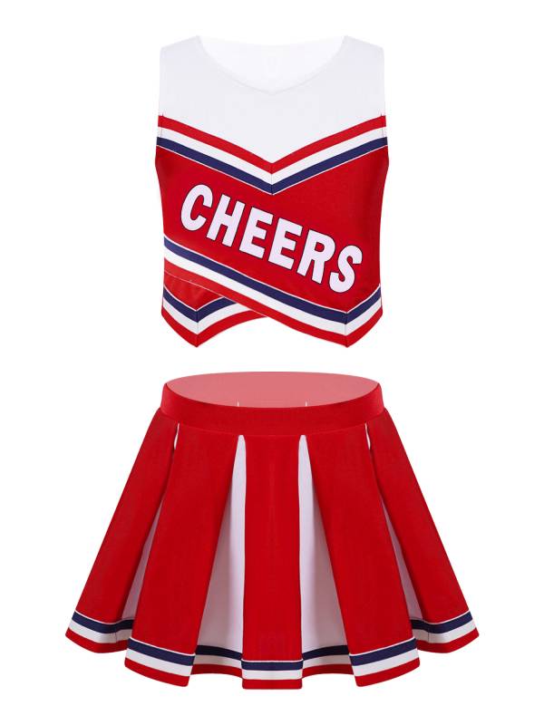 Kids Girls 2pcs V Neck Cheers Print Vest and Pleated Skirt Cheerleading Set thumb