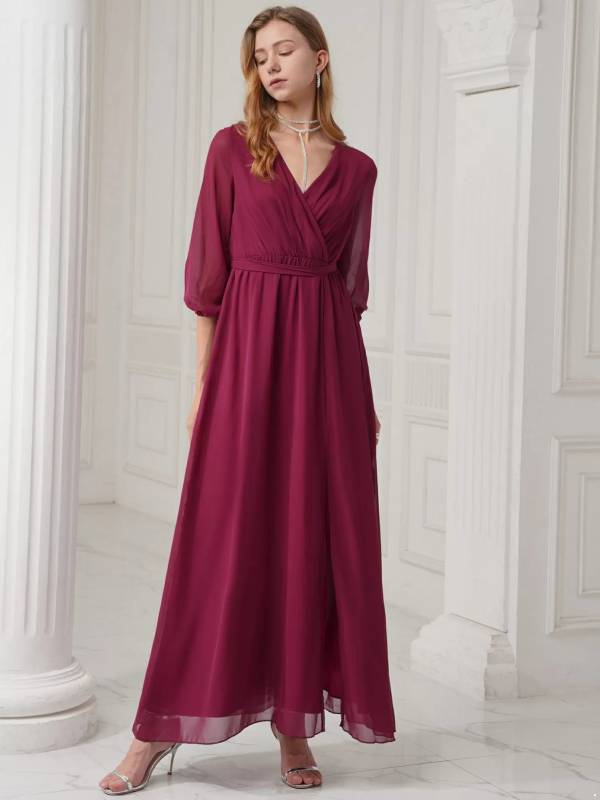 Women V Neck Long Lantern Sleeve Side Slit Bridesmaid Dress thumb