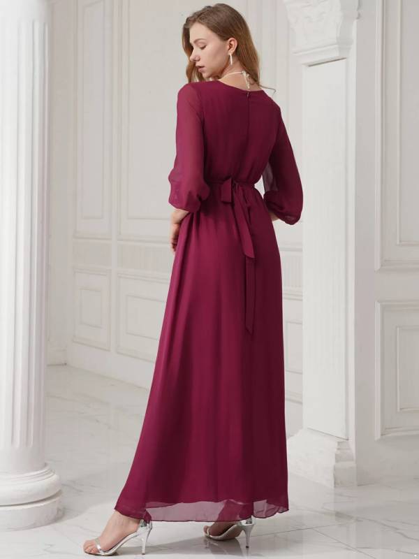 Women V Neck Long Lantern Sleeve Side Slit Bridesmaid Dress thumb