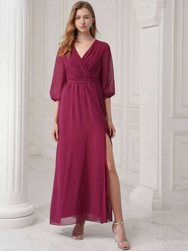 Women V Neck Long Lantern Sleeve Side Slit Bridesmaid Dress thumb