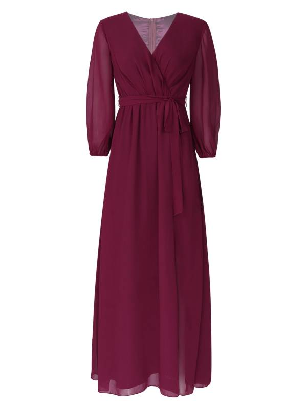 Women V Neck Long Lantern Sleeve Side Slit Bridesmaid Dress thumb