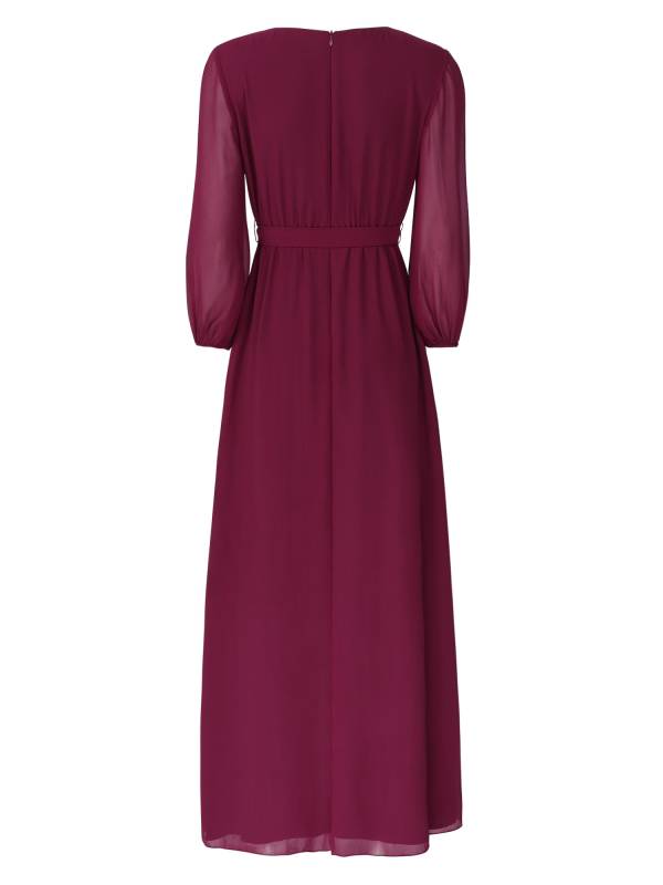 Women V Neck Long Lantern Sleeve Side Slit Bridesmaid Dress thumb