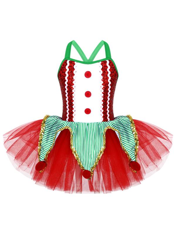 Kids Girls Christmas Sleeveless Crisscross Back Sequins Mesh Tutu Dress thumb