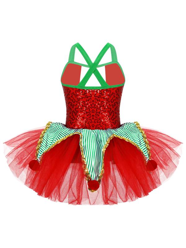 Kids Girls Christmas Sleeveless Crisscross Back Sequins Mesh Tutu Dress thumb