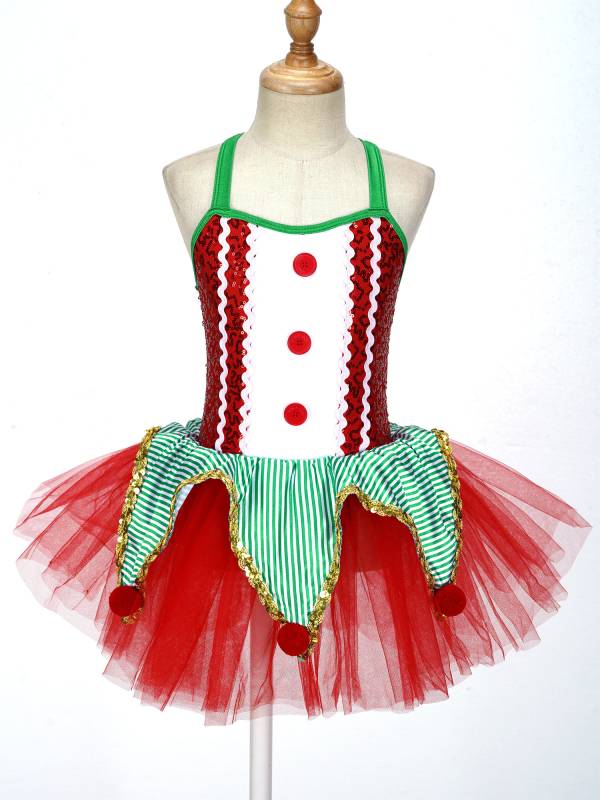 Kids Girls Christmas Sleeveless Crisscross Back Sequins Mesh Tutu Dress thumb