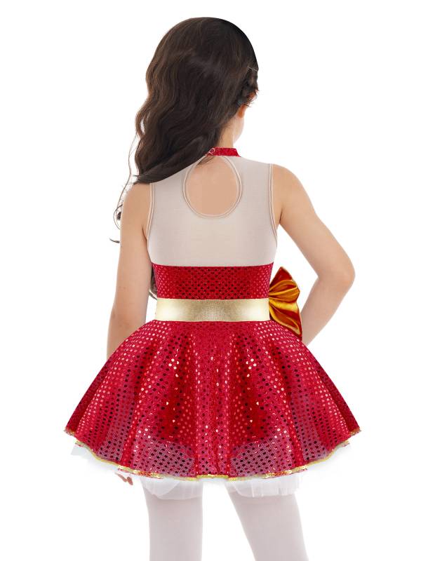 Kids Girls Christmas Sleeveless Mesh Bowknot Sequins Dance Leotard Dress thumb