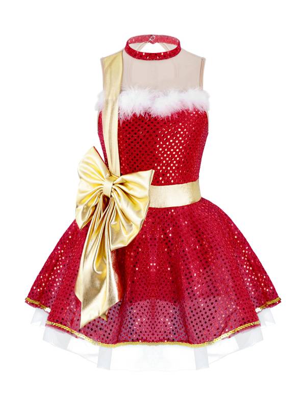 Kids Girls Christmas Sleeveless Mesh Bowknot Sequins Dance Leotard Dress thumb