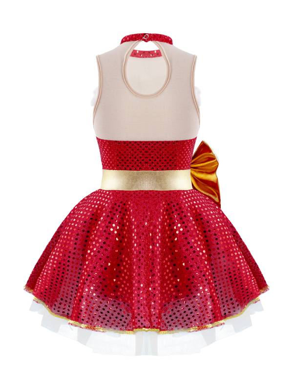 Kids Girls Christmas Sleeveless Mesh Bowknot Sequins Dance Leotard Dress thumb