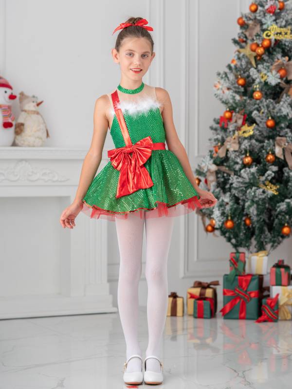 Kids Girls Christmas Sleeveless Mesh Bowknot Sequins Dance Leotard Dress thumb